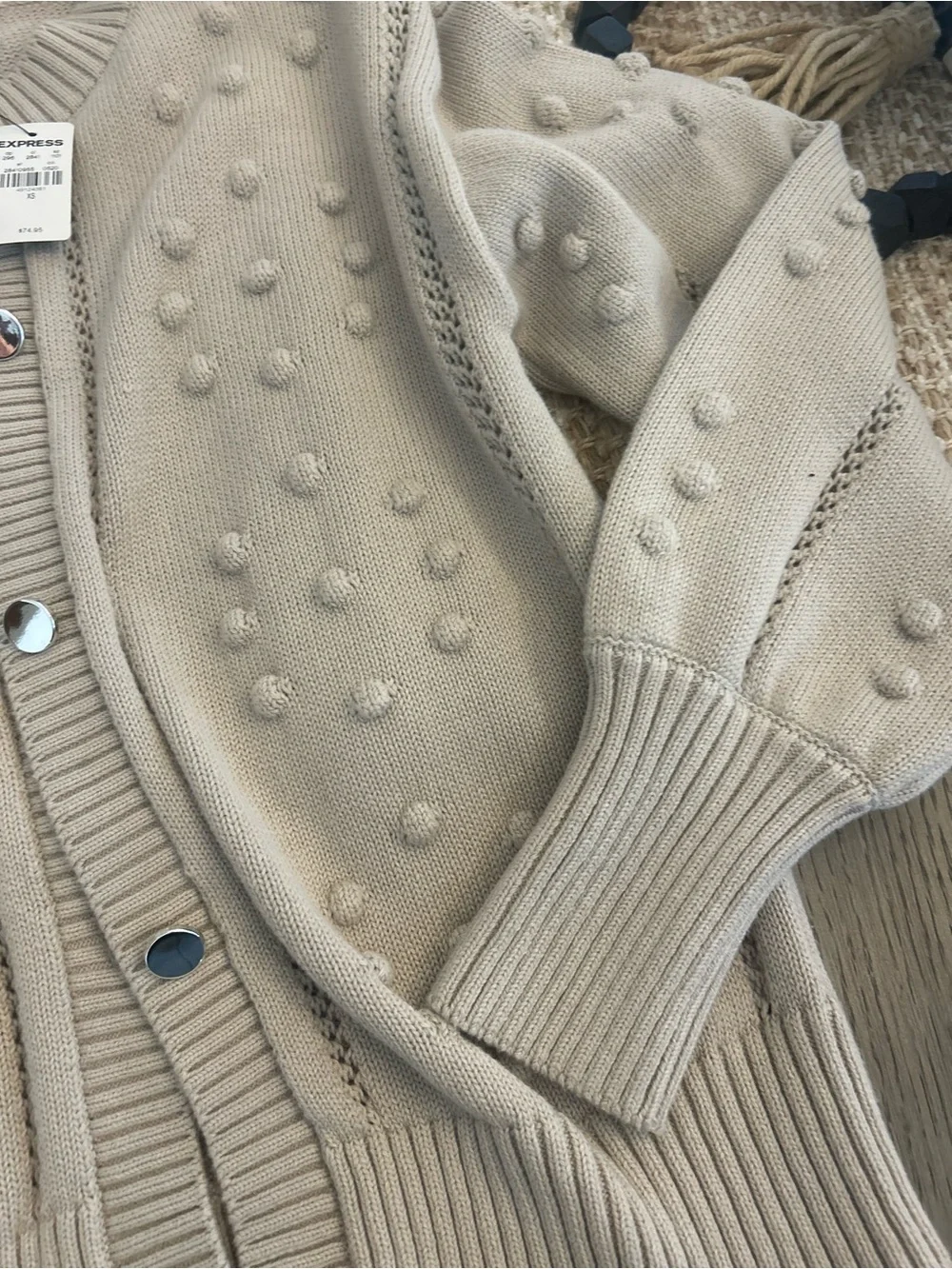 Light Beige Pom-Pom Button Cardigan Sweater express